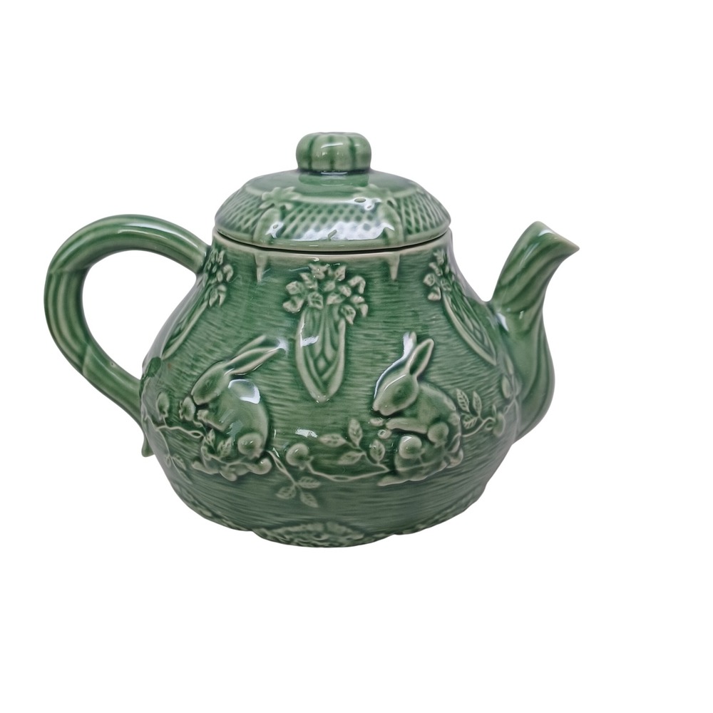 Bordallo Pinheiro Green Majolica Teapot Rabbit Bunny Made in Portugal Ceramic
